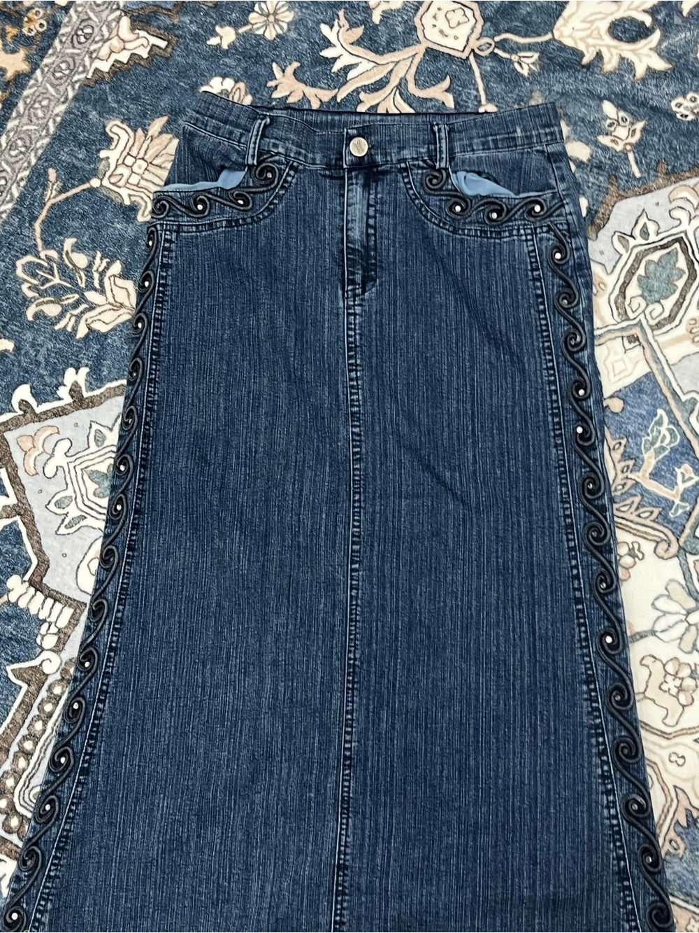 Women's Dark Blue Denim Maxi Skirt with Decorative Trim